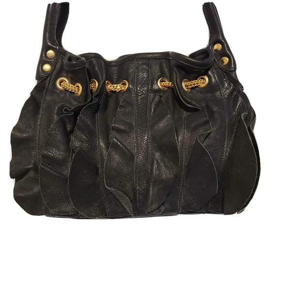 WOMEN'S Be & D HOBO SHOULDER BAG BLACK LEATHER WITH RUFFLES AND CHAIN MADE USA - Picture 3 of 9